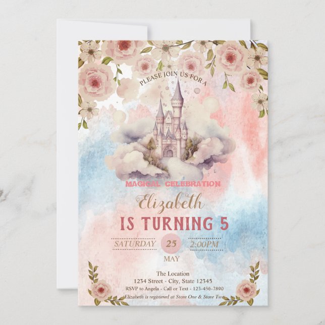Invitación Castillo de Princesa Flores Acuarela Salpicadura C (Anverso)