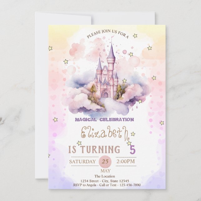 Invitación Castillo de princesa nubes, estrellas pastel cumpl (Anverso)
