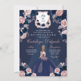 Invitación Castillo de princesa rosa azul marino y Rubor Quin