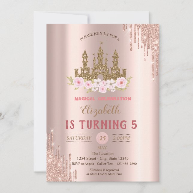 Invitación Castillo de Purpurina de oro, goles de oro Rosa Cu (Anverso)