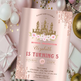 Invitación Castillo de purpurina dorada, cumpleaños con gotas