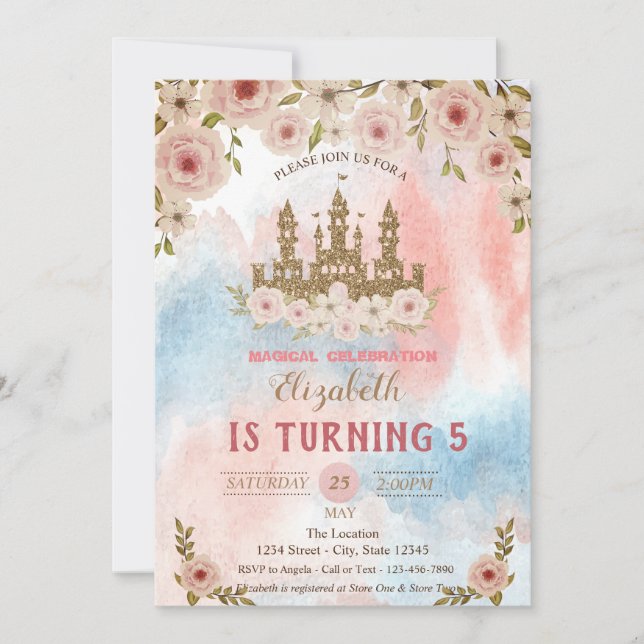 Invitación Castillo de purpurina dorada, Cumpleaños con salpi (Anverso)