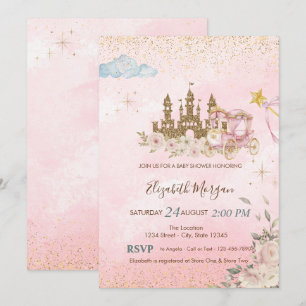 Invitación Castillo de purpurina dorada, floresCarruaje para 