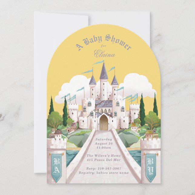 Invitación Castillo de Storybook Baby Shower amarillo ilustra (Anverso)
