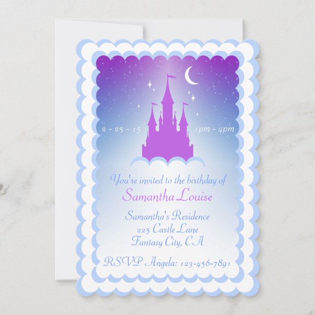 Invitación Castillo De Sueño Azul Púrpura En El Cumpleaños De (Anverso)