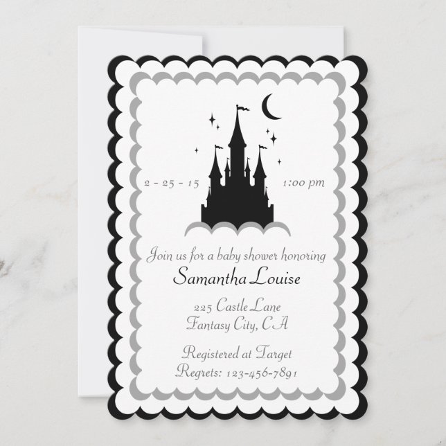 Invitación Castillo De Sueño Blanco Negro En El Baby Shower D (Anverso)