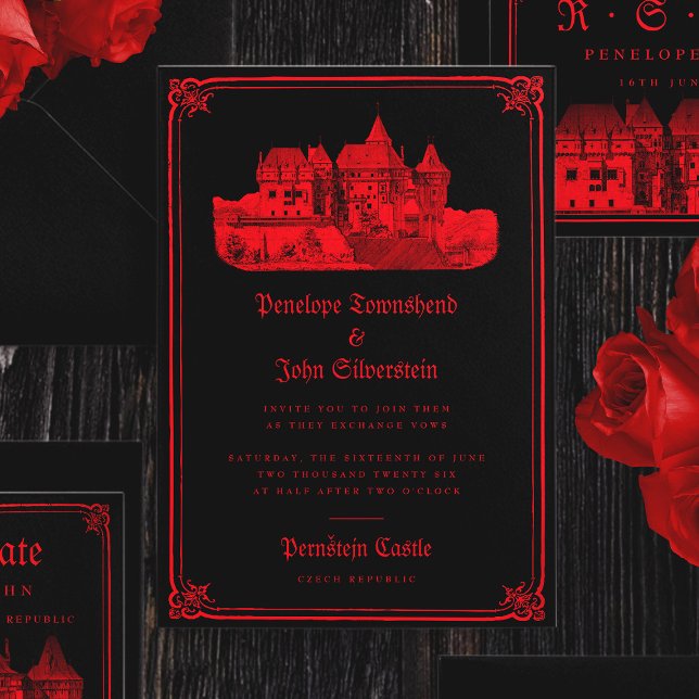 Invitación Castillo de vampiros góticos borde Boda rojo negro (Gothic Vampire Castle Border Black Red Wedding Invitation)