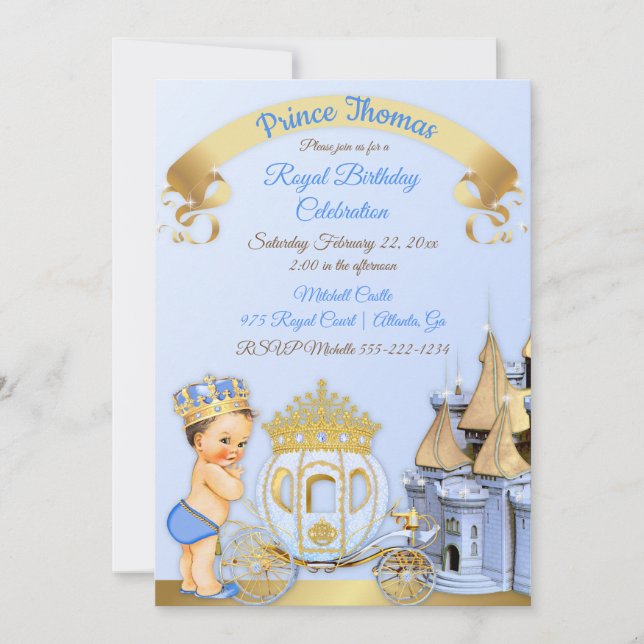 Invitación Castillo del Príncipe Real Carrito - Blue Gold Boy (Anverso)