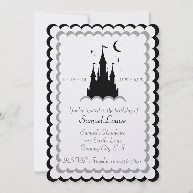 Invitación Castillo del Sueño Blanco Negro En El Cumpleaños D (Anverso)