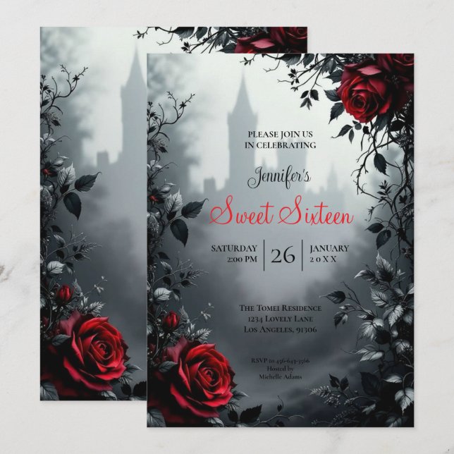 Invitación Castillo Floral Gótico Cumpleaños 16 (Anverso / Reverso)