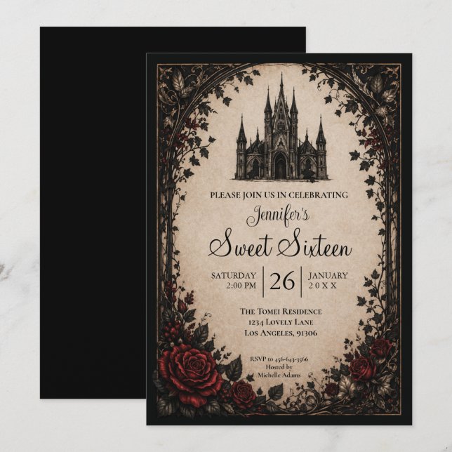 Invitación Castillo Floral Gótico Dulces 16 (Anverso / Reverso)