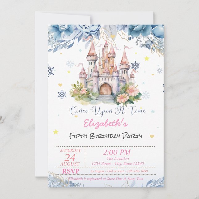 Invitación Castillo Flores Corazones Snowflakes Fairytale (Anverso)