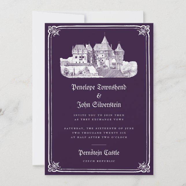 Invitación Castillo gótico Boda morado de cuento de hadas osc (Anverso)
