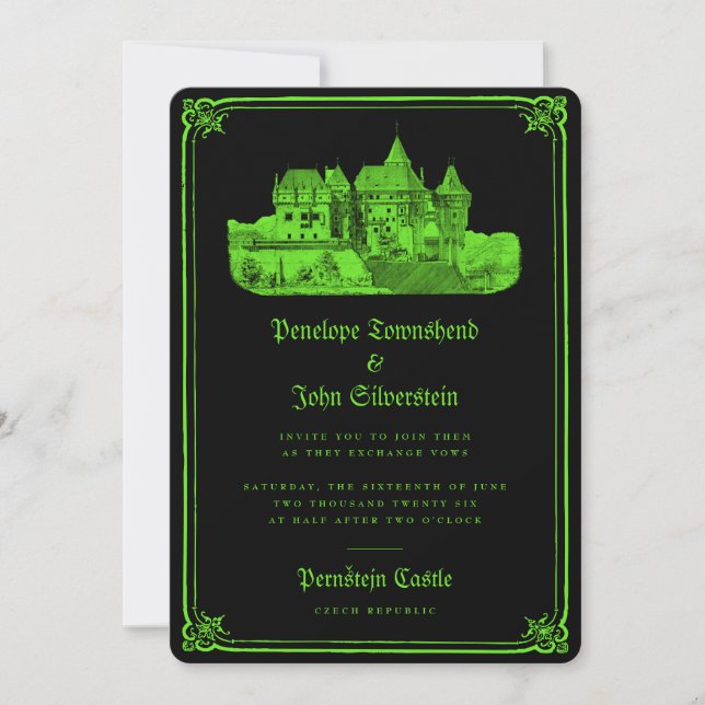 Invitación Castillo gótico encantado Neon Green Boda Negro (Anverso)