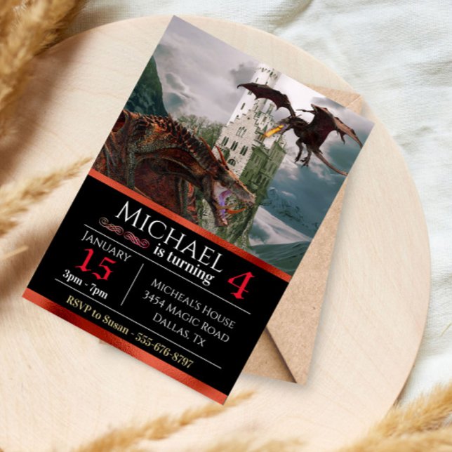 Invitación Castillo medieval del Dragón Wyvern Rojo Birthda (Subido por el creador)