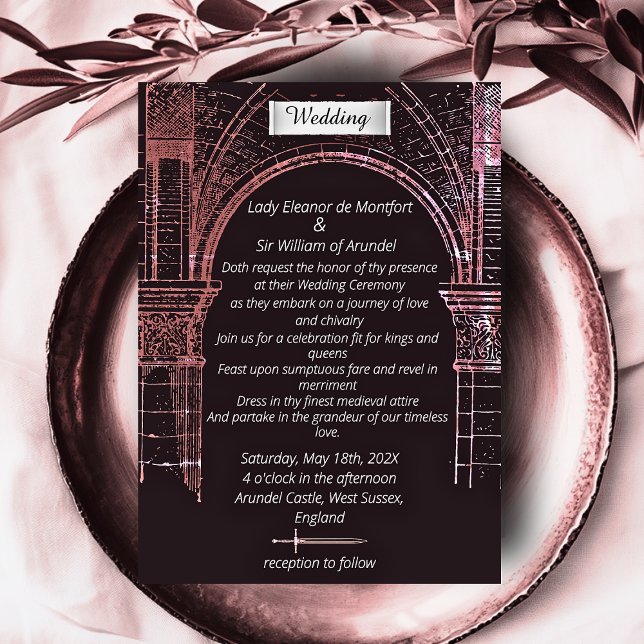 Invitación Castillo Medieval Rosa Malhumorado Boda con Pergam (Medieval Castle Faux Parchment Wedding Invitation)
