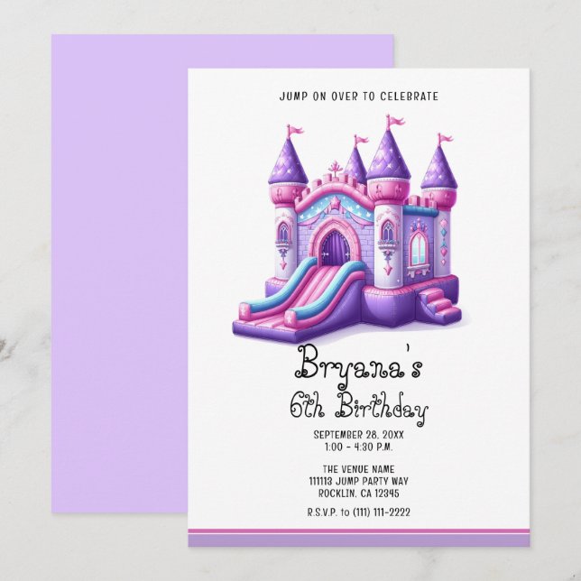 Invitación Castillo Morado Rosa Princesa Casa de Rebote Fiest (Anverso / Reverso)