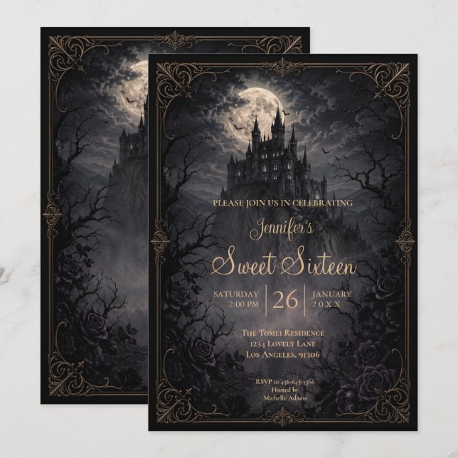 Invitación Castillo Oscuro Dulces 16 gótico (Anverso / Reverso)