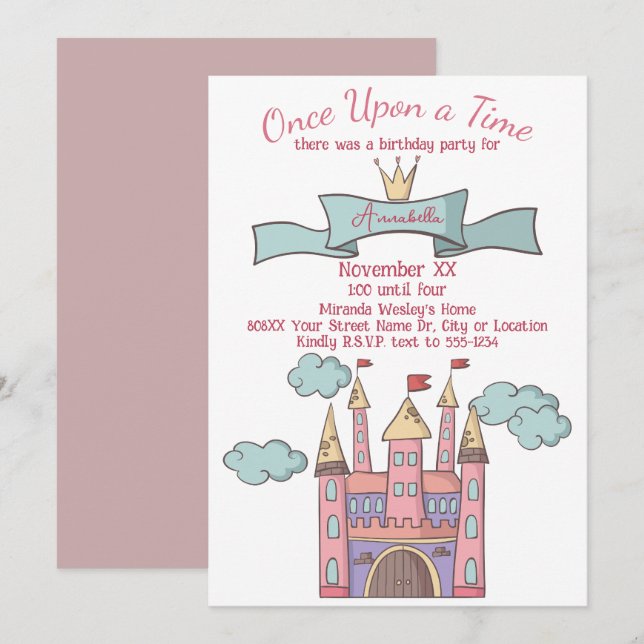 Invitación Castillo Princesa de Historia de Hadas Rosa (Anverso / Reverso)