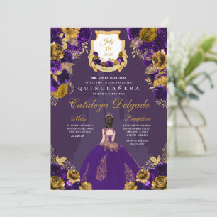 Invitación Castillo Princesa de Morado y Oro Quinceañera