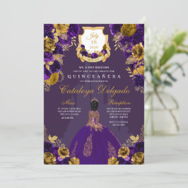 Invitación Castillo Princesa de Morado y Oro Quinceañera