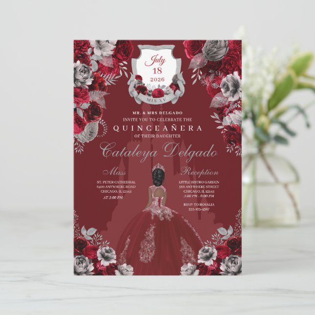 Invitación Castillo Princesa de Plata y Rojo Quinceañera (Anverso de pie)