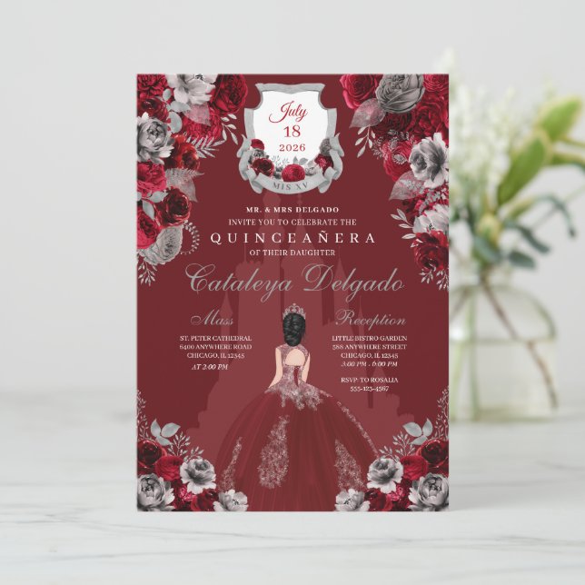 Invitación Castillo Princesa de Plata y Rojo Quinceañera (Anverso de pie)