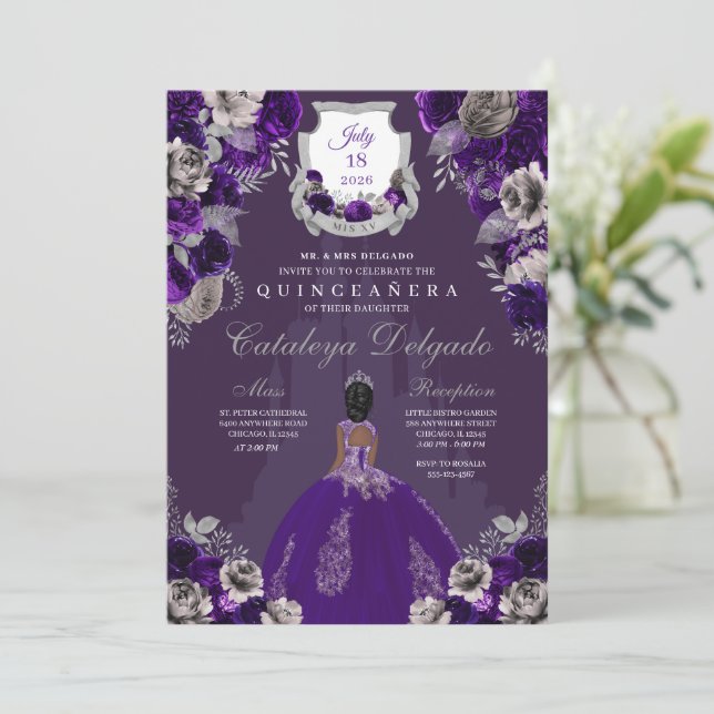Invitación Castillo Princesa de Púrpura y Plata Quinceañera (Anverso de pie)