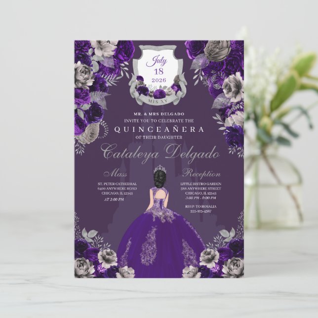 Invitación Castillo Princesa de Púrpura y Plata Quinceañera (Anverso de pie)