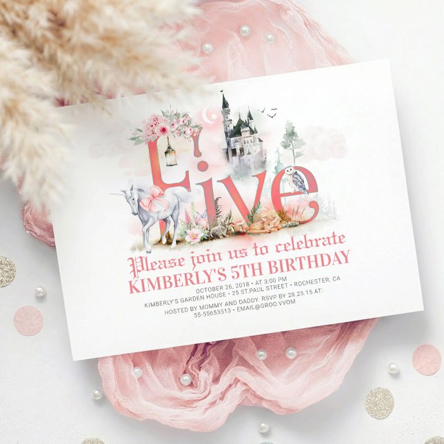 Invitación Castillo Princesa de Unicornio de Fairytale (5th Birthday Invitation with Fairytale Creatures Enchanted Castle and dragon with unicorn)