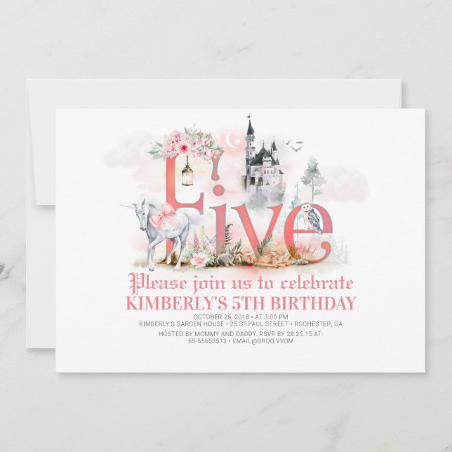 Invitación Castillo Princesa de Unicornio de Fairytale (Anverso)