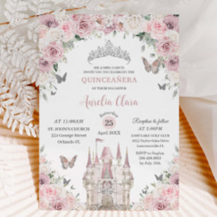 Invitación Castillo Princesa Floral Blanca Rosa Quinceañera X