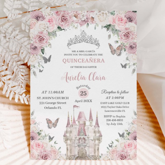 Invitación Castillo Princesa Floral Blanca Rosa Quinceañera X (light-dusty-pink-white-floral-princess-castle-silver-Quinceañera-15th-sweet-16-birthday-party-invite)