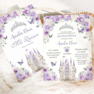 Invitación Castillo Princesa Floral Blanco Púrpura Quinceañer