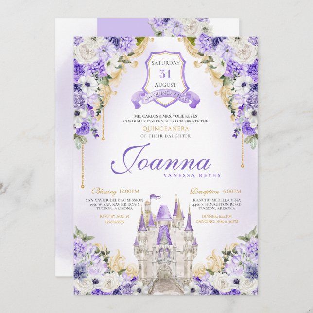 Invitación Castillo Princesa Morada Royal Lavender Quinceaner (Anverso / Reverso)
