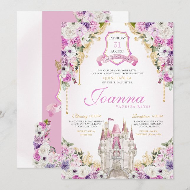 Invitación Castillo Princesa Púrpura Real Quinceanera (Anverso / Reverso)