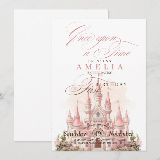 Invitación Castillo Princesa Rosa Primer Fiesta de cumpleaños (Anverso / Reverso)