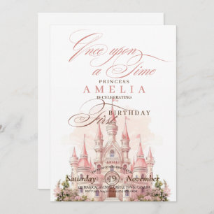 Invitación Castillo Princesa Rosa Primer Fiesta de cumpleaños
