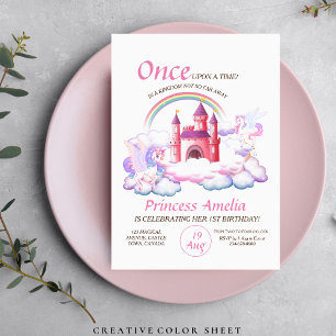 Invitación Castillo Princesa Rosa Unicornios 1er cumpleaños m