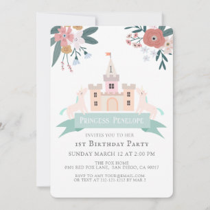 Invitación Castillo Princesa Unicornio Chica Floral Primer cu