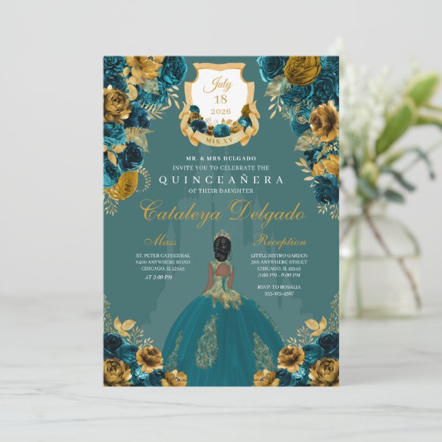 Invitación Castillo Princesa verde azulada y de Oro Quinceañe (Anverso de pie)