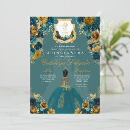 Invitación Castillo Princesa verde azulada y de Oro Quinceañe
