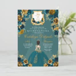 Invitación Castillo Princesa verde azulada y de Oro Quinceañe