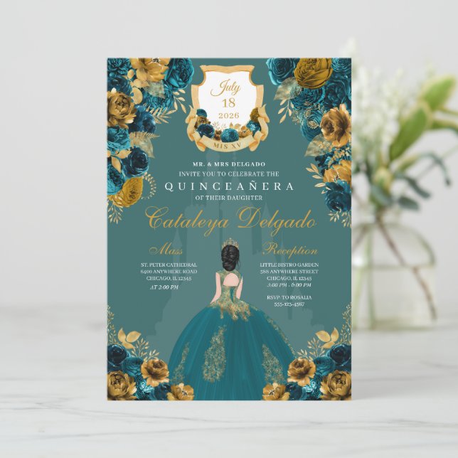 Invitación Castillo Princesa verde azulada y de Oro Quinceañe (Anverso de pie)