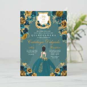 Invitación Castillo Princesa verde azulada y de Oro Quinceañe