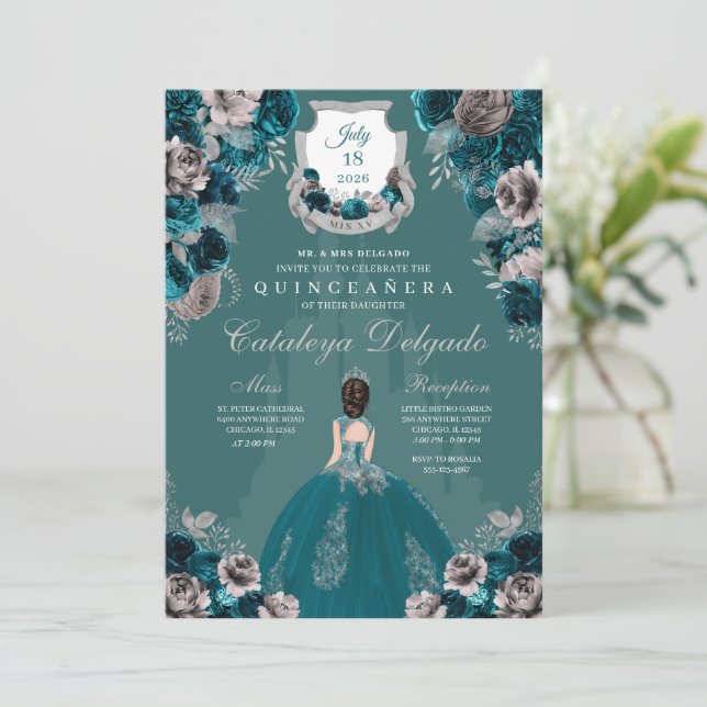 Invitación Castillo Princesa verde azulada y plateada Quincea (Anverso de pie)