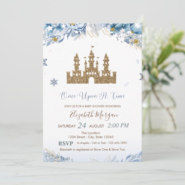 Invitación Castillo Purpurina de oro, flores azules, estrella (Anverso de pie)