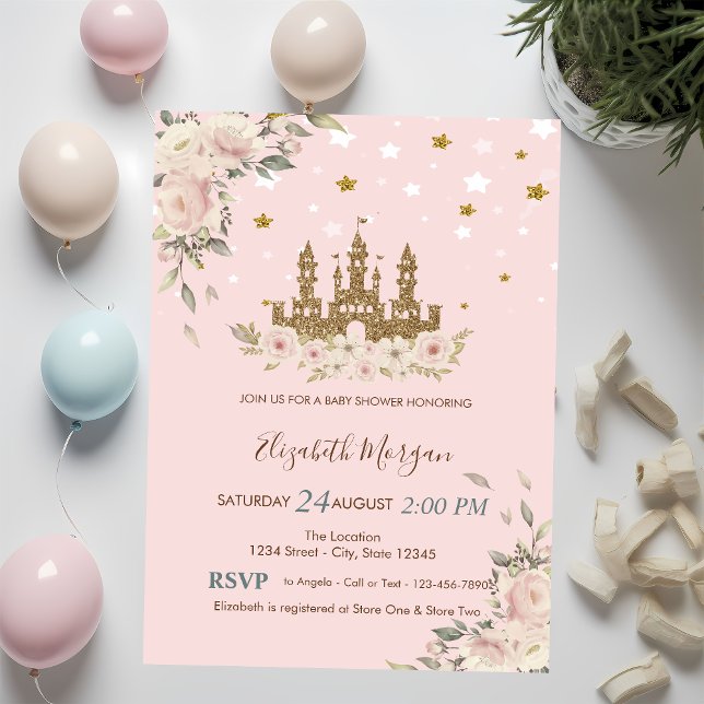 Invitación Castillo Purpurina de oro, flores, Baby Shower de  (Subido por el creador)