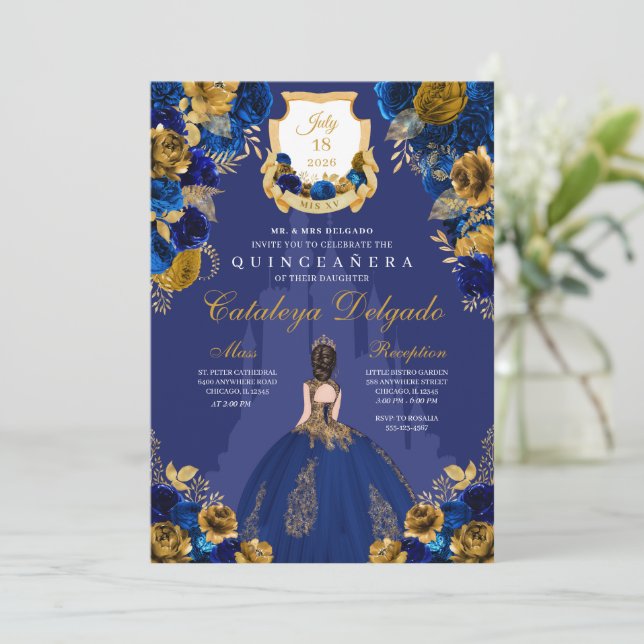 Invitación Castillo Real Azul y Oro Princesa Quinceañera (Anverso de pie)