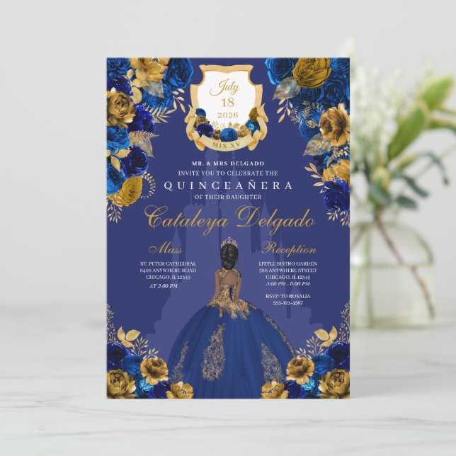 Invitación Castillo Real Azul y Oro Princesa Quinceañera (Anverso de pie)